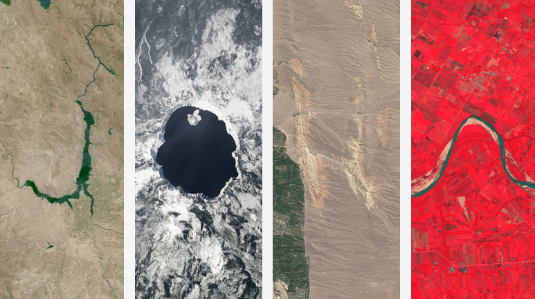 Das Bild zeigt vier Satellitenaufnahmen verschiedener Landschaften. 

Von Links nach Rechts:
Ein Flusslauf mit einem Stausee.  
Ein Kratersee, der von Schnee umgeben ist. 
Eine karge, sandige Landschaft mit einigen Felsformationen abgebildet. 
Eine rot-farbige Aufnahme einen Flusslauf in einer landwirtschaftlich genutzten Region. 
Die Aufnahmen scheinen unterschiedliche geologische und geografische Merkmale auf verschiedenen Kontinenten hervorzuheben.